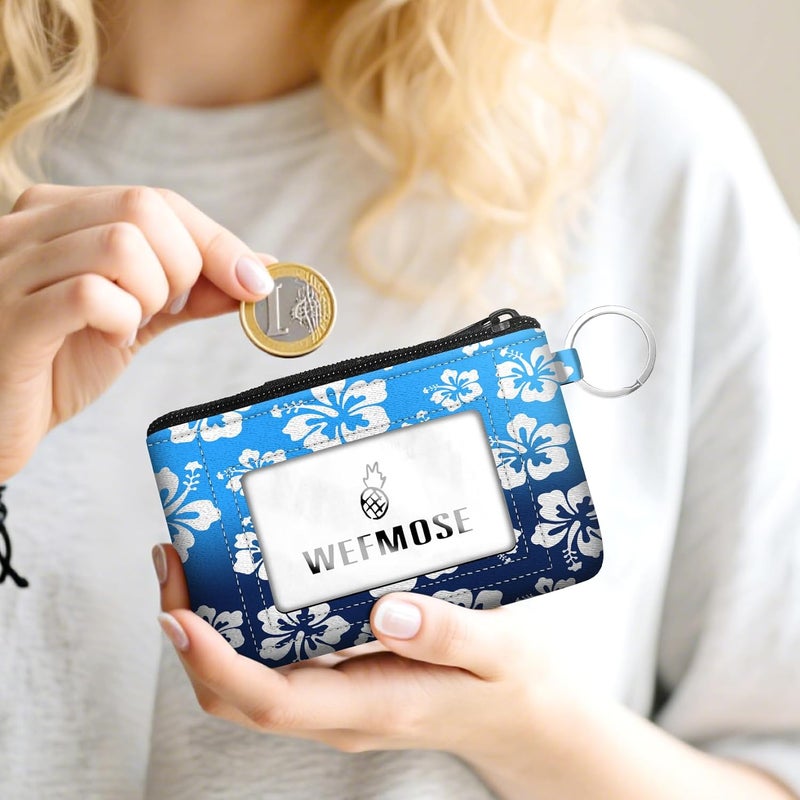 WEFMOSE Small Wallet Keychain with Clear ID Window Zipper Cute ID Case Coin Purse for Women Water Resistant Coin Pouch-Hawaiian Floral-Blue Keychain Wallet - Image 2